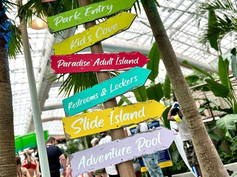 colorful direction signs at a waterpark